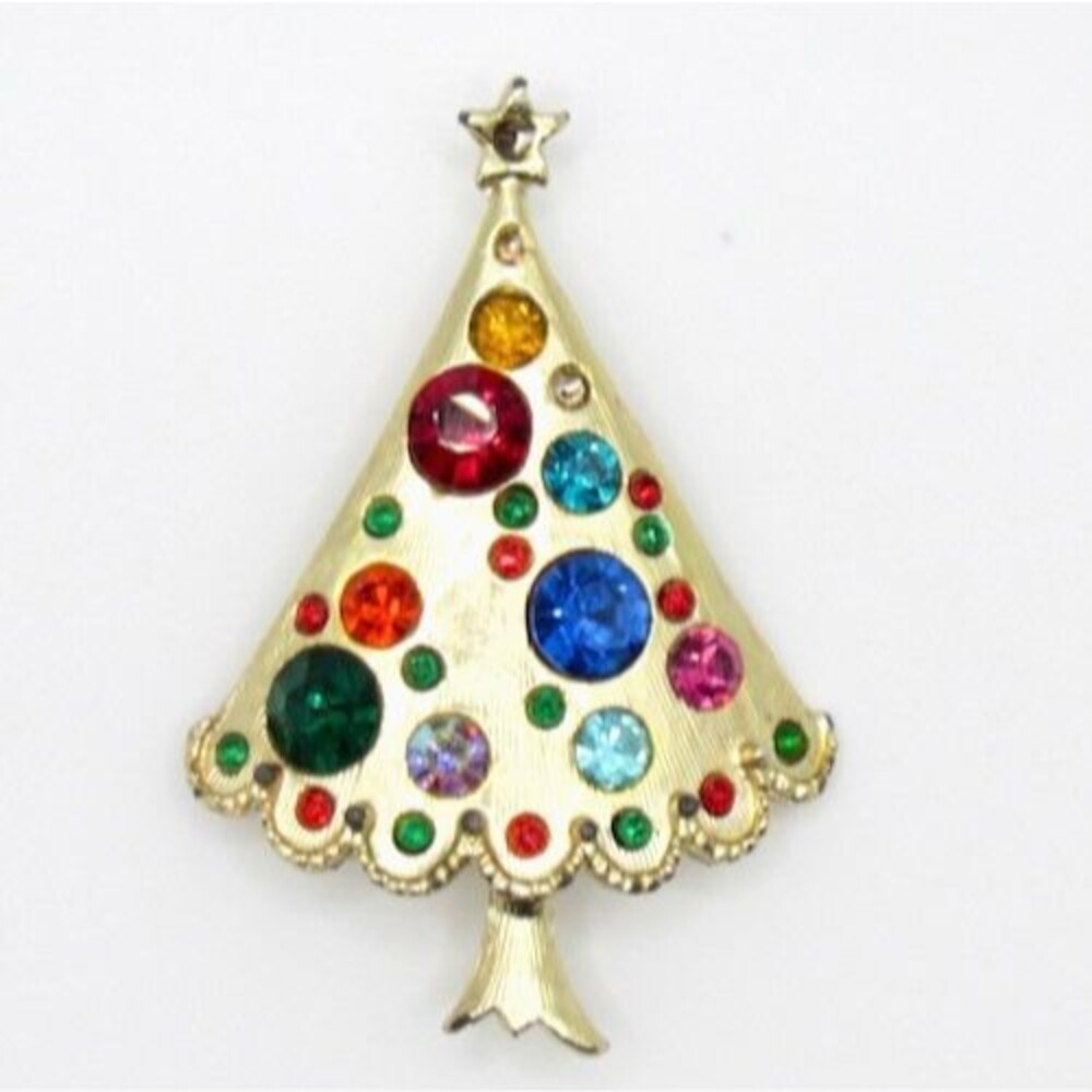Vintage Rhinestone Christmas Tree Brooch Multicolor Gold Tone 1960s